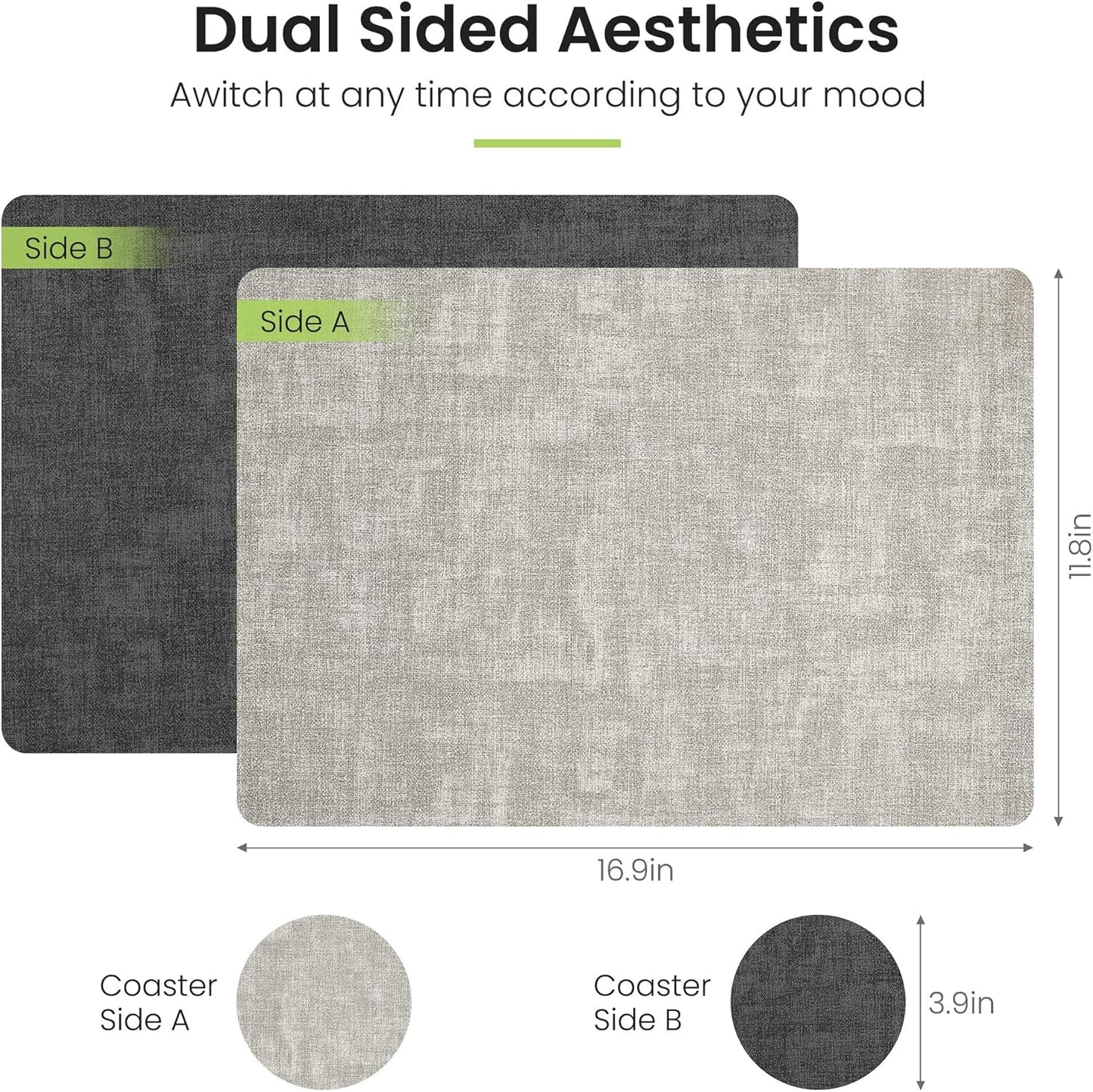 Faux Leather Dual Sided Placemats Set of 4, Square Non-Slip Heat Resistant Placemats with Coaster, Reversible wipeable Waterproof Table Mats for Kitchen, Dining, Outdoor (4, Black Light Gray)