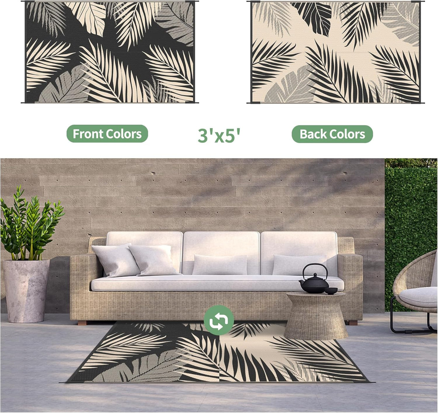 GENIMO Outdoor Rug 3' x 5' Waterproof for Patios Clearance, Reversible Outdoor Plastic Straw Camping Rug Carpet, Large Area Rugs Mats for RV, Camper, Deck, Balcony, Porch, Beach, Picnic, Black&Beige