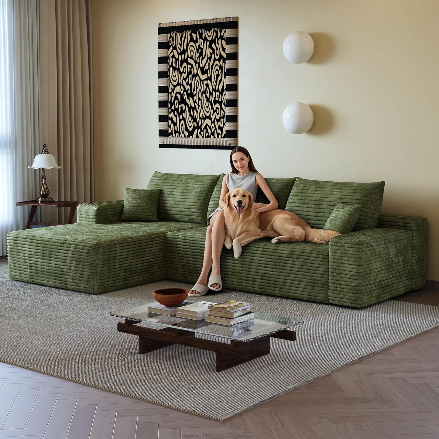 108" Sectional Couches for Living Room Modern Modular Sofa with L-Shape Couchs Upholstered Boneless Couch Deep Seat Sectional Couch with Chaise (Green, Left Facing Chaise+2Seaters)