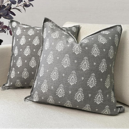 Floral Throw Pillow Covers 18x18 Set of 2, Dark Grey Decorative Pillow Covers Neutral Faux Linen Cotton Blend, Vintage Look for Couch, Sofa, Bed, Living Room
