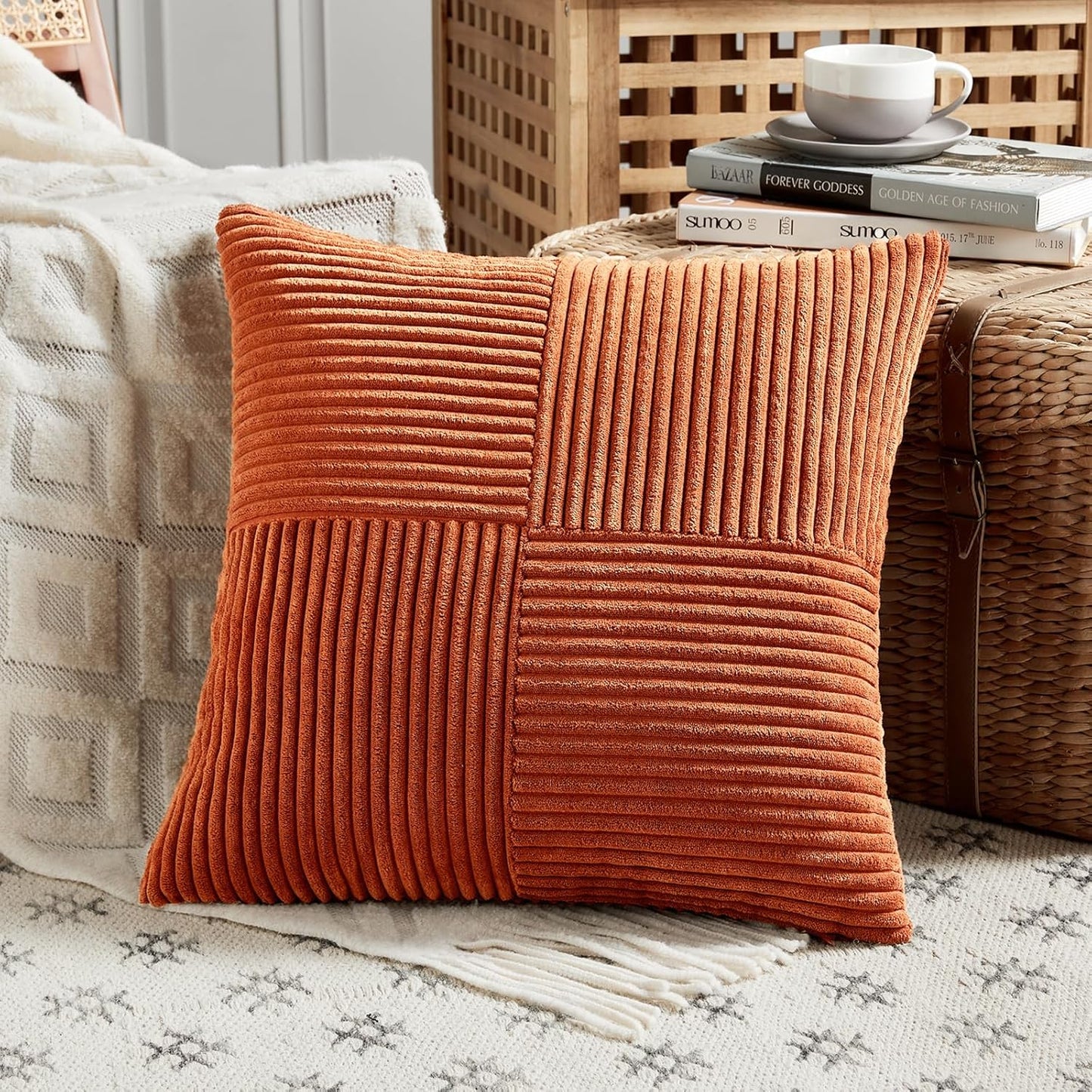 Fancy Homi Set of 2 Burnt Orange Decorative Throw Pillow Covers 24x24 Inch for Living Room Couch Bed, Boho Farmhouse Fall Home Decor, Soft Corss Corduroy Patchwork Textured Cushion Case 60x60 cm