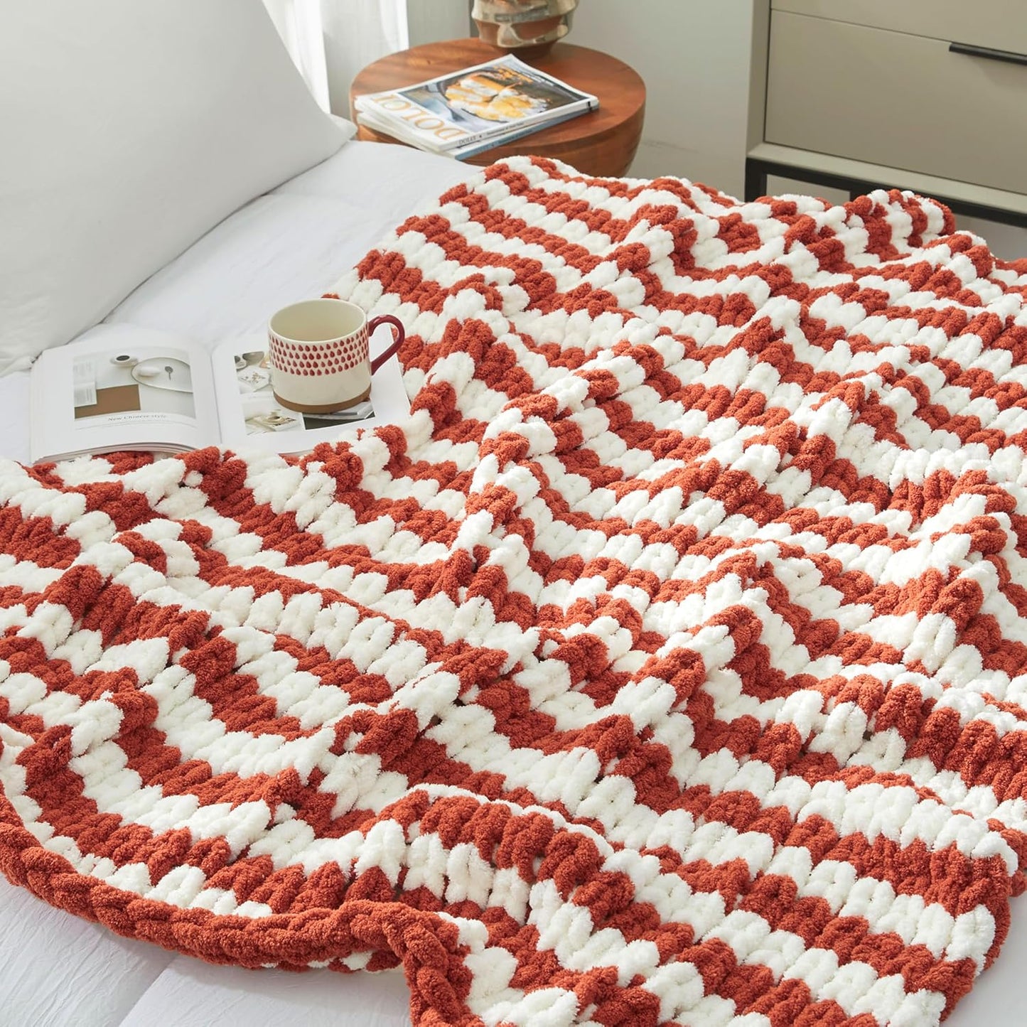 Amélie Home Chunky Knit Throw Blanket for Couch, Soft Chenille Crochet Blanket for Sofa, 50"x60", Burnt Orange & White Striped