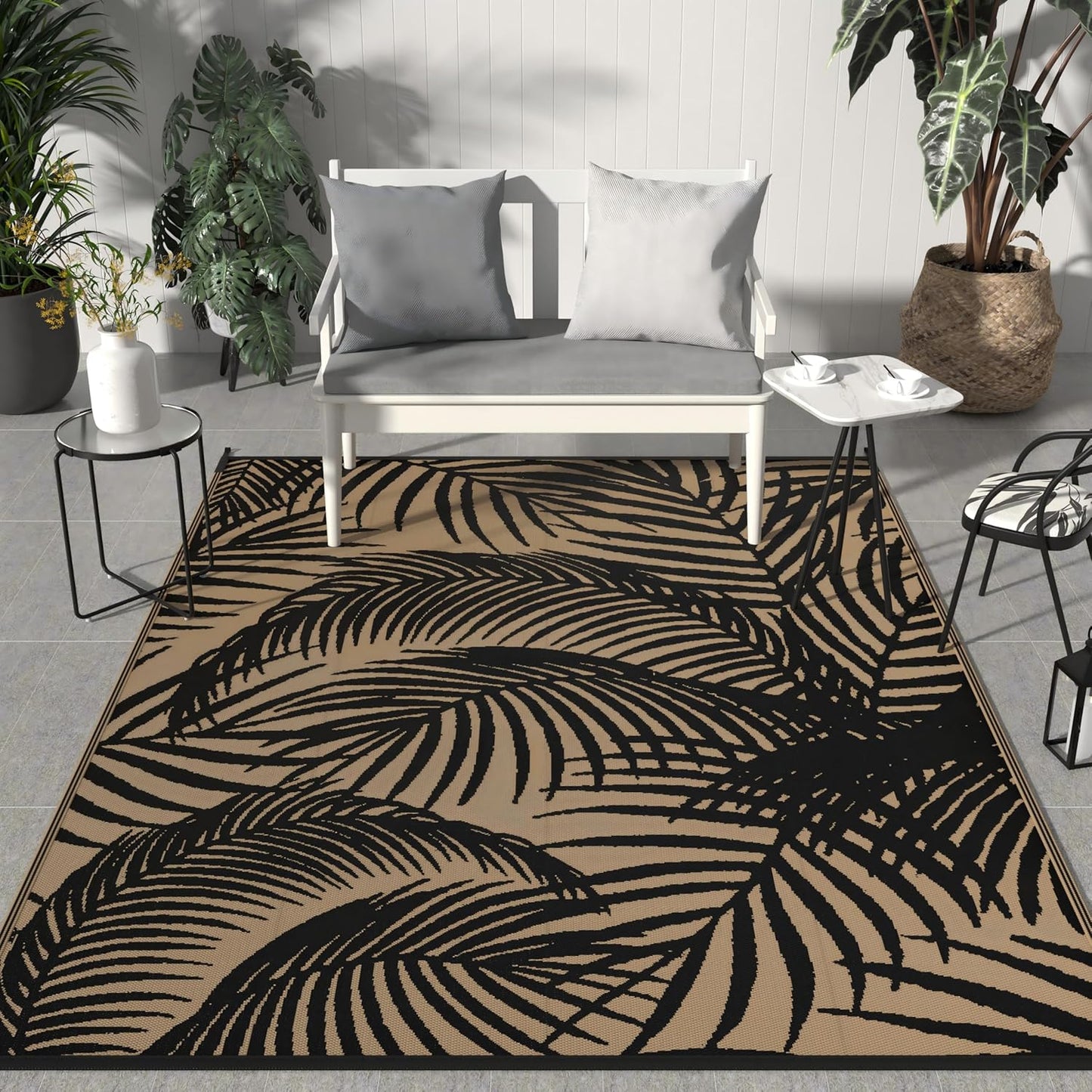 GENIMO Outdoor Rug 5' x 8' Waterproof for Patio Clearance, Reversible Plastic Straw Camping Carpet, Lightweight Mats for Rv, Backyard, Deck, Porch, Picnic, Beach, Balcony, Black & Brown