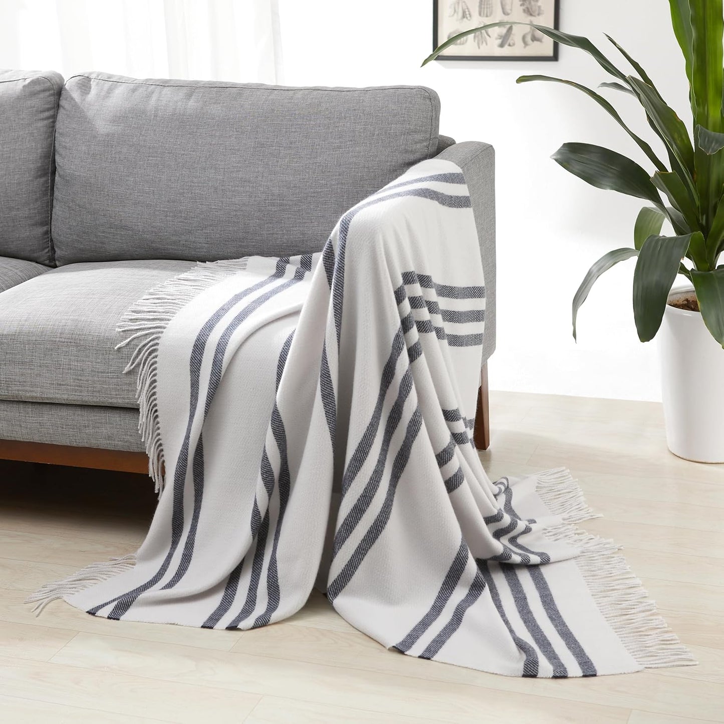 Amazon Basics Room Décor Throw Blanket, Lightweight and Cozy in Recycled Polyester, Light Grey With Blue Stripes, 50"x 60"