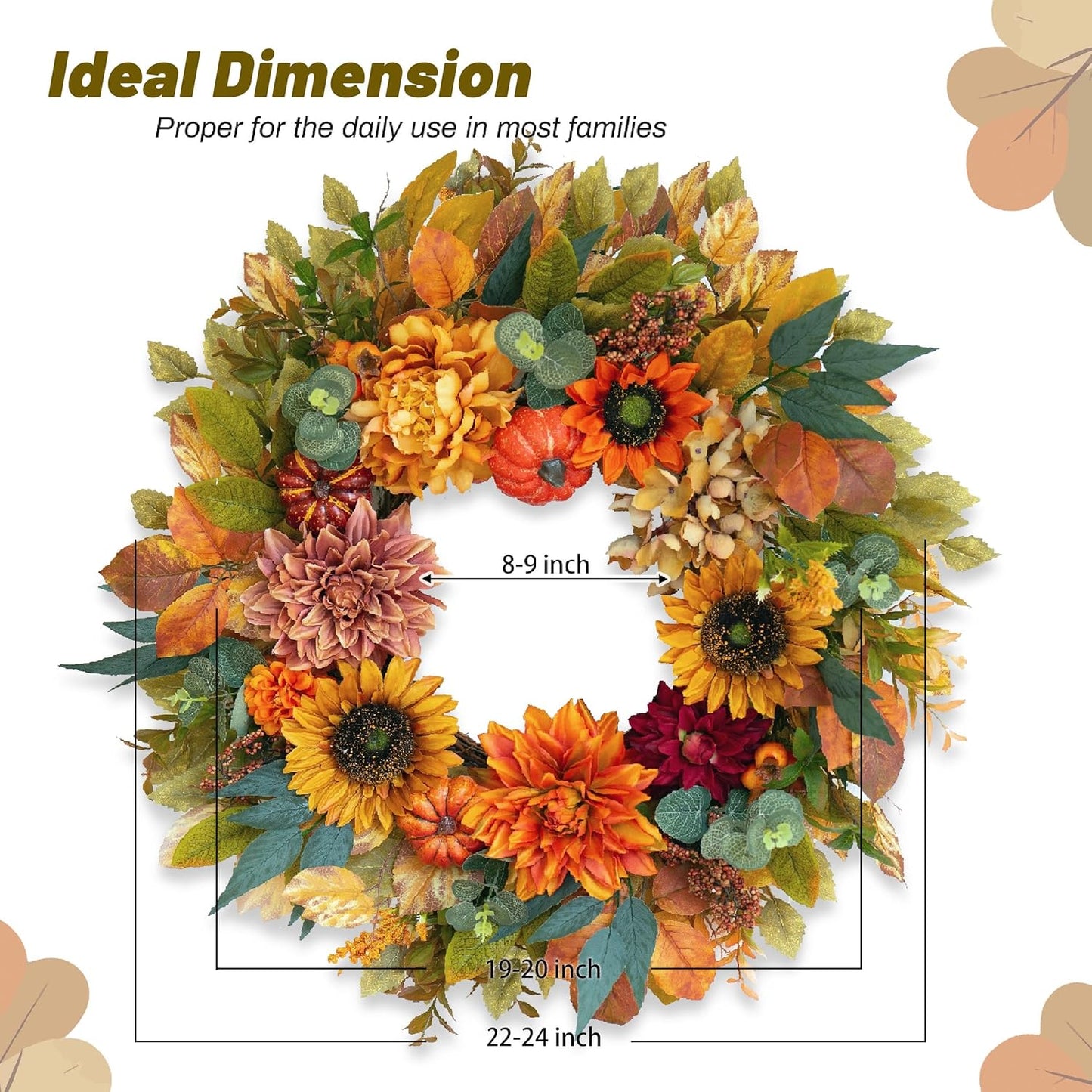 Fall Wreaths for Front Door 24 Inch Autumn Wreath with Sunflowers, Pumpkins Dahlia & Maple Leaves Outdoor Fall Wreath for Thanksgiving, Harvest, Halloween Home Décor