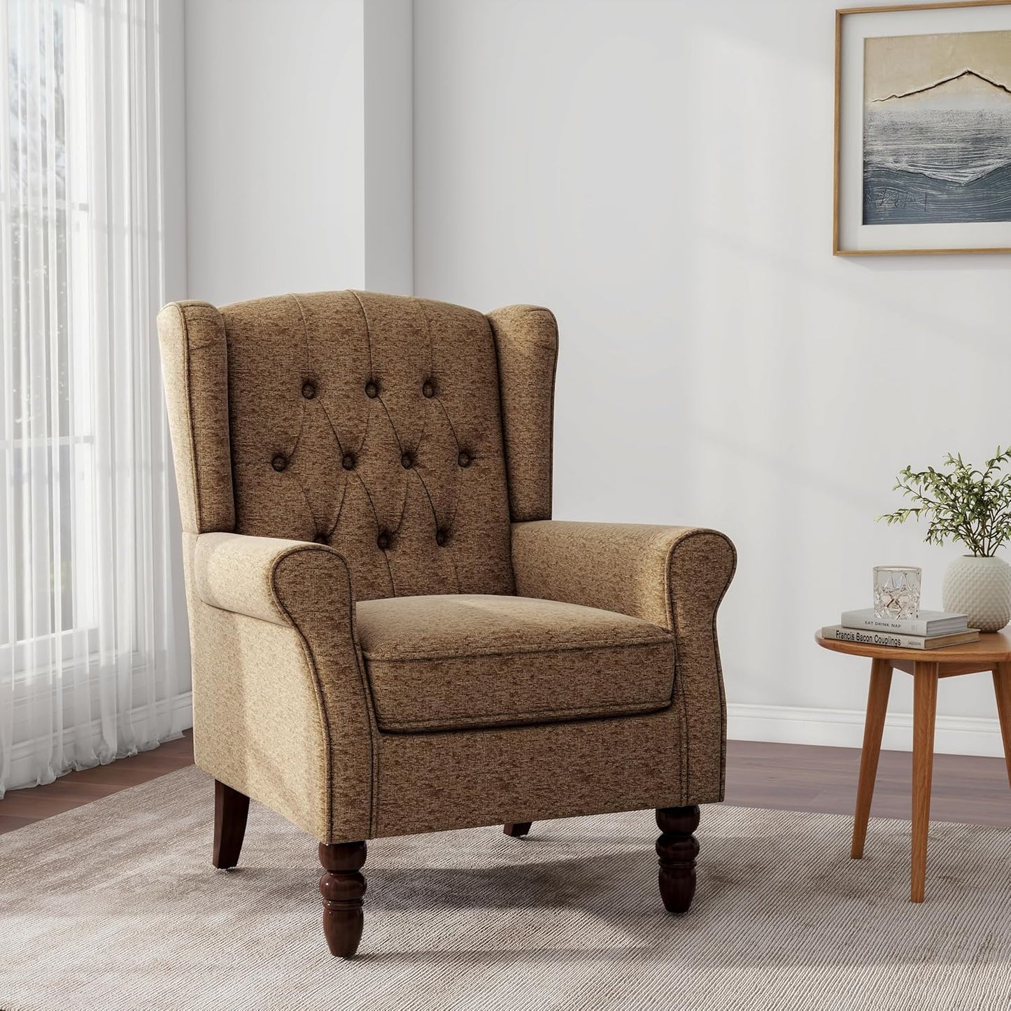 Accent Chair, Upholstered Armchair with Button Tufted High Back & Solid Wood Legs, Comfy Wingback Reading Single Sofa Chair for Small Spaces, Living Room, Bedroom (Brown, Set of 1)