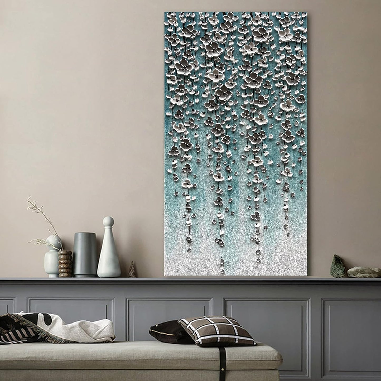 Epicler Large-Scale Oil Painting on Canvas Wall Art,46x23 inches Hand-Painted White Flower Wall Painting, Abstract Canvas Wall Art for Home Wall Decoration