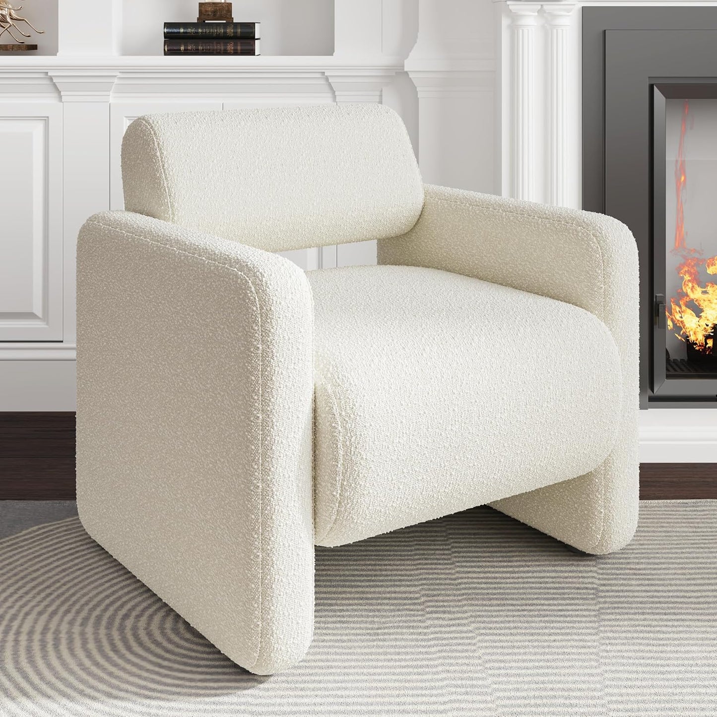 Accent Chair, Modern Boucle Fabric Armed Chair, Comfortable Single Sofa Chair for Living Room, Solid Wood Frame, Comfy Side Chair for Bedroom, Office, Reading (Beige)