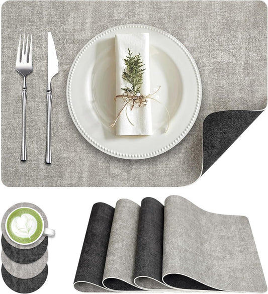 Faux Leather Dual Sided Placemats Set of 4, Square Non-Slip Heat Resistant Placemats with Coaster, Reversible wipeable Waterproof Table Mats for Kitchen, Dining, Outdoor (4, Black Light Gray)