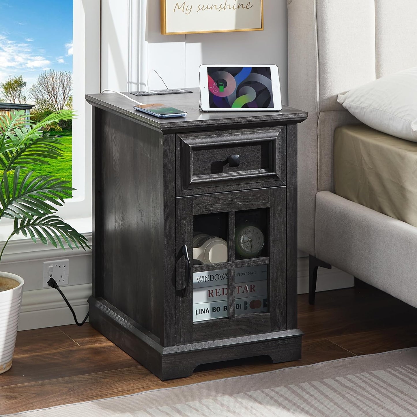Farmhouse XXL End Table with Charging Station, Side Table with USB Ports and Outlets, Nightstand with Drawer and Glass Door Storage, Grey Bedside Tables for Living Room, Bedroom, Office