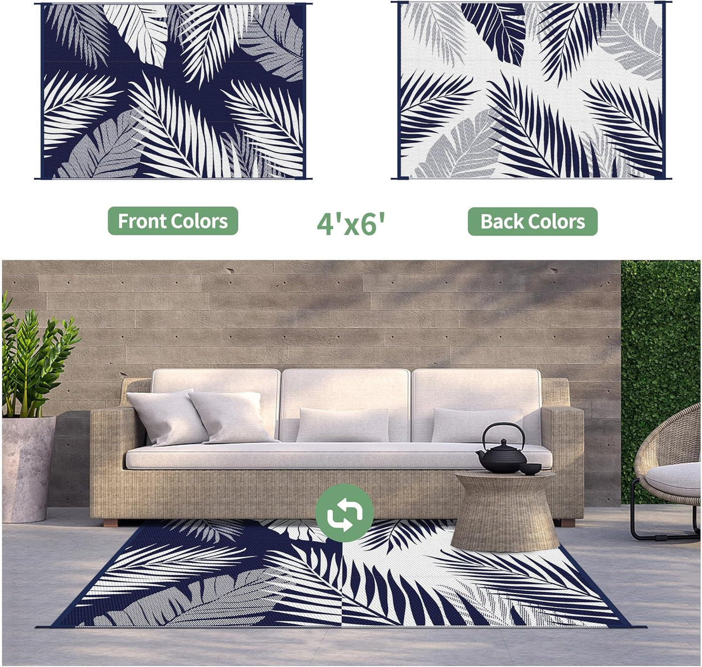 GENIMO Outdoor Rug 4' x 6' Waterproof for Patios Clearance, Reversible Outdoor Plastic Straw Camping Rug Carpet, Large Area Rugs Mats for RV, Camper, Deck, Balcony, Porch, Beach, Navy Blue&White