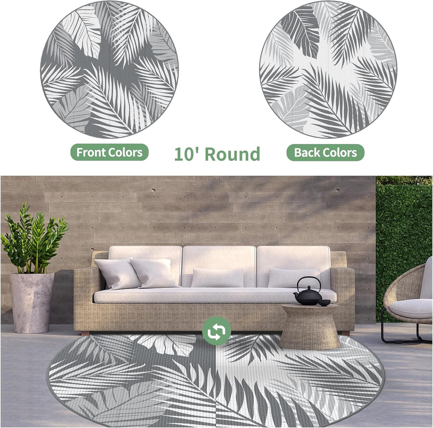 GENIMO Outdoor Rug 10' Round Waterproof for Patios Clearance, Reversible Outdoor Plastic Straw Camping Rug Carpet, Large Area Rugs Mats for RV, Camper, Deck, Balcony, Porch, Beach, Picnic, Grey&White