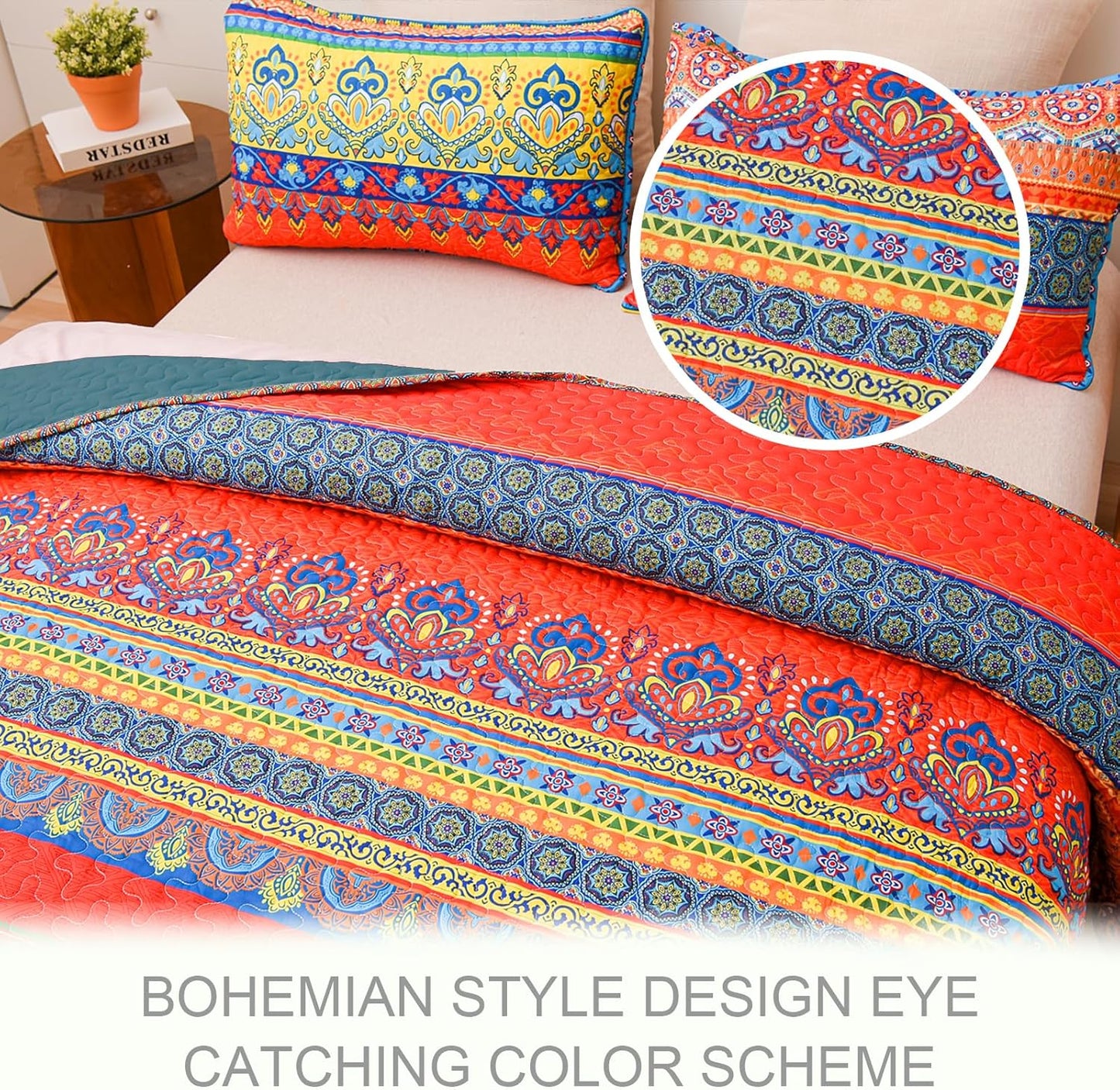 Exclusivo Mezcla Reversible Boho Quilt Set King Size, 3 Pieces Bohemian Blue All Season Bedspreads, Ultra Soft Floral Coverlet Bedding Set with Printed Pattern (1 Quilt, 2 Pillow Shams)