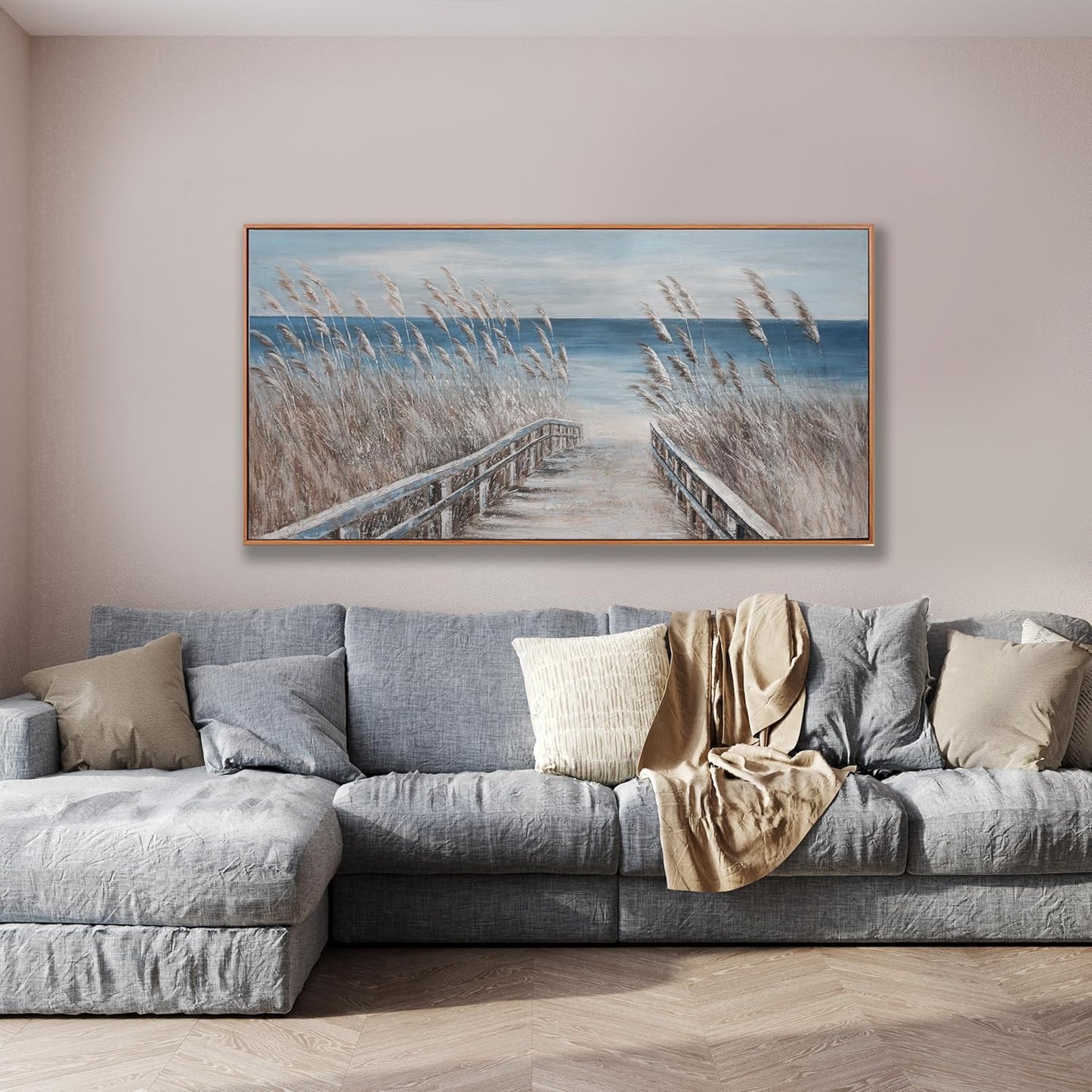 Framed Wall Art Scene Decor Canvas Print Painting Picture Artwork Framed Reed And Blue Coast Landscape Large Size For Living Room Bedroom Living Room And Office Wall Decor 29"X58"