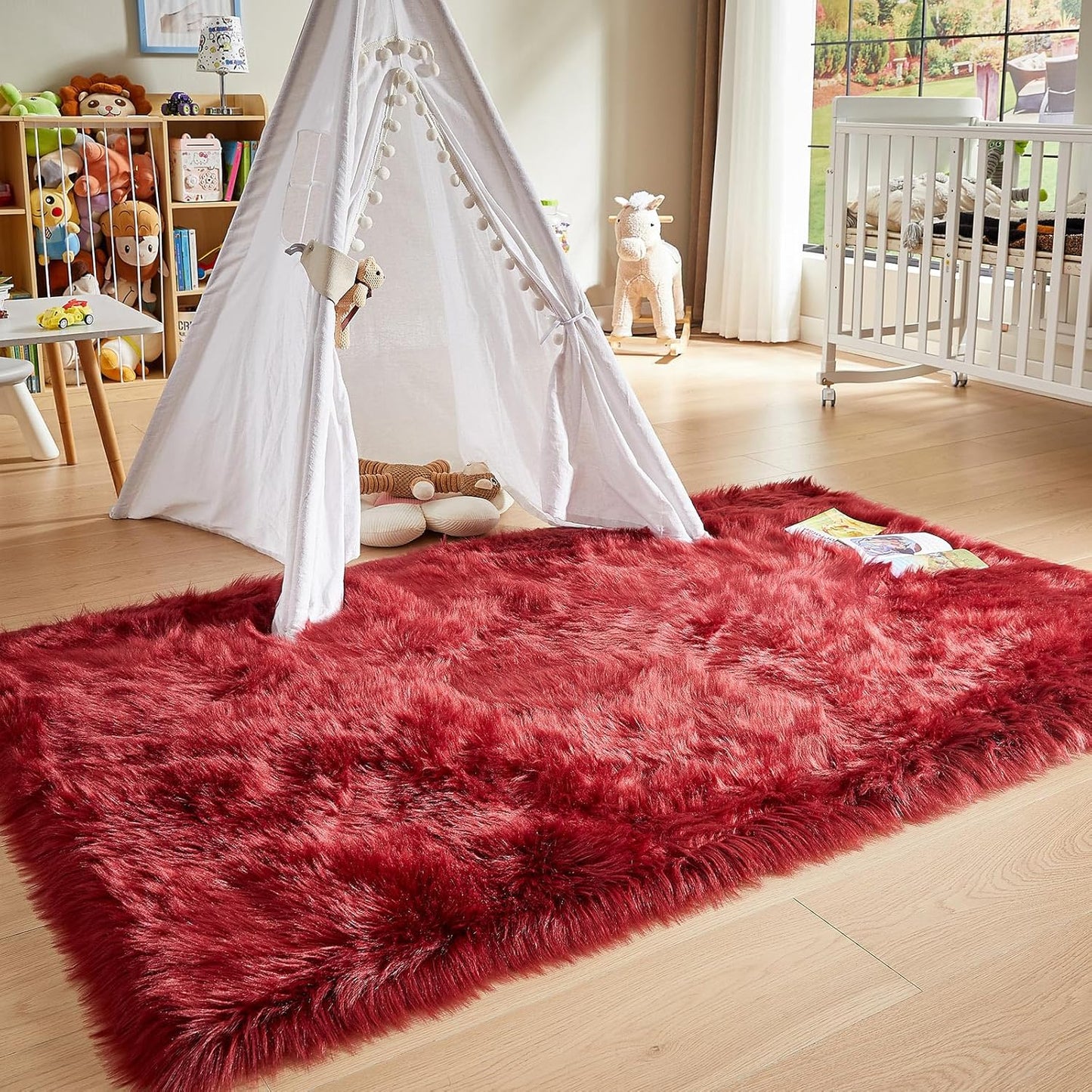 AMTOVO Faux Fur Sheepskin Rug for Living Room, 4 x 6 ft Burgundy Fluffy Area Rug for Bedroom, Playroom, Luxury Room Decor, Rectangle
