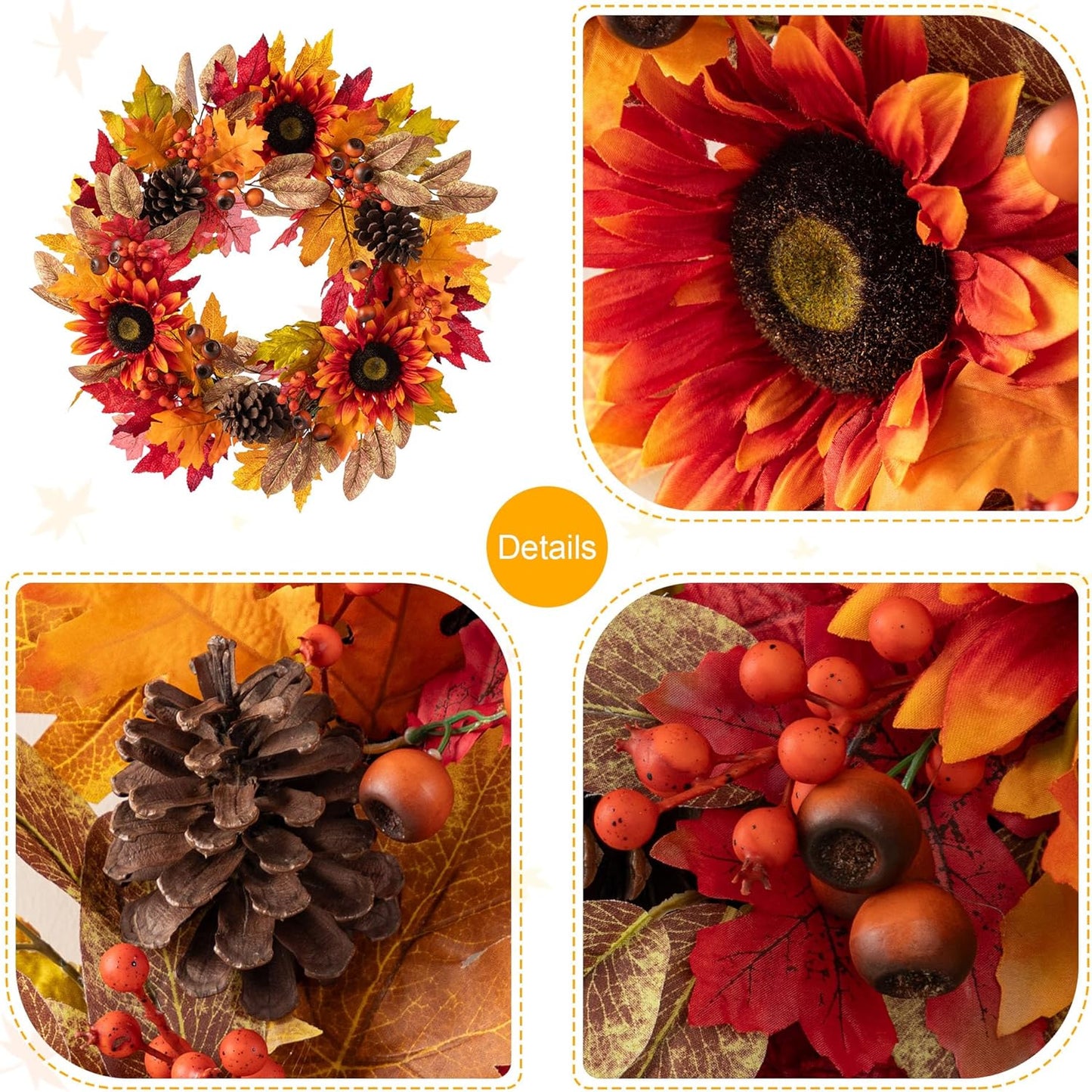 Glitzhome 24''D Fall Wreath with Hanger, Artificial Autumn Wreath for Front Door with Sunflower, Pinecone and Berry, Harvest Wreaths Decor for Indoor Outdoor Holiday Decoration