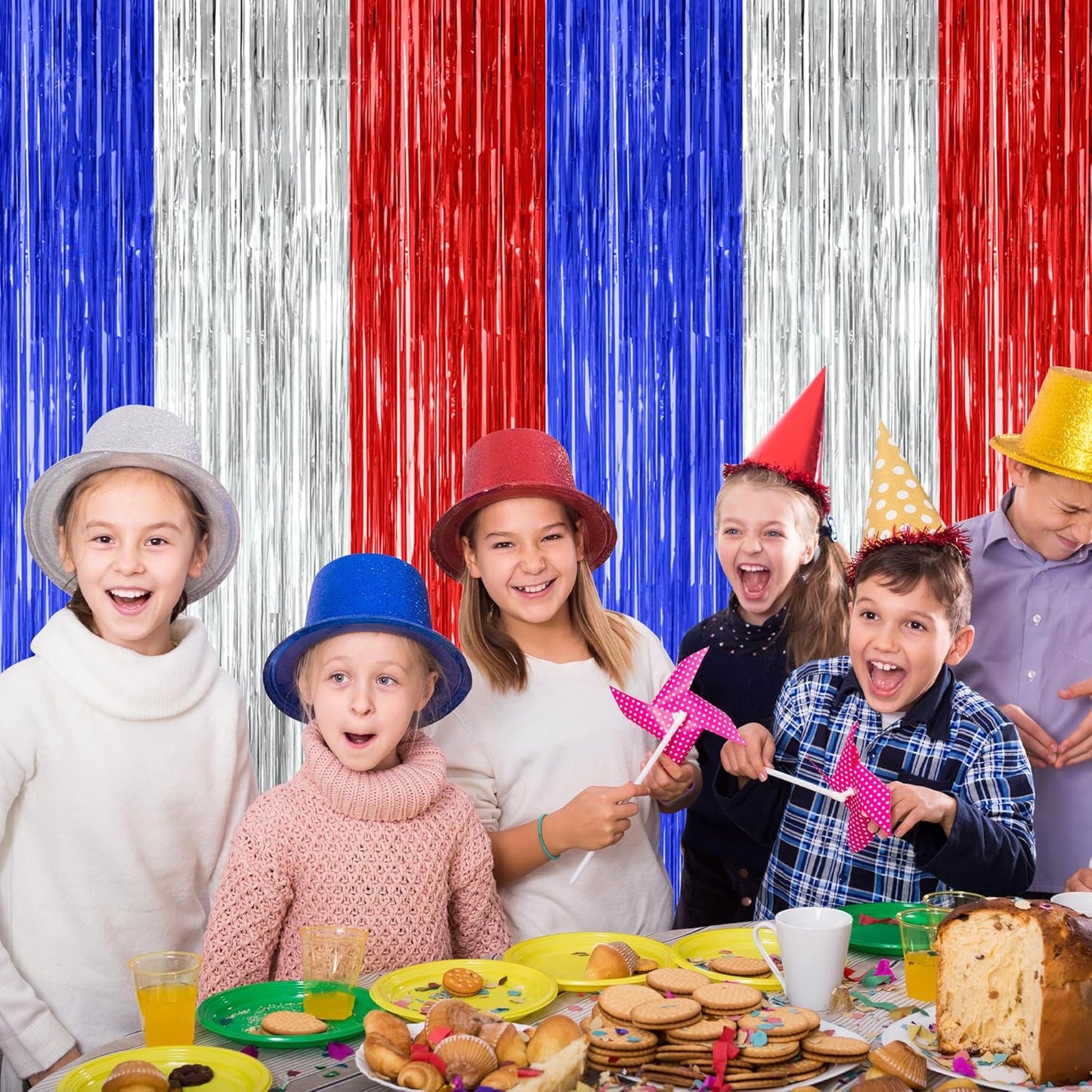 8 Pack 4th of July Photo Backdrop, 3.28 FT x 7.08 FT Fourth of July Decorations, Metallic Blue Silver Red Patriotic Tinsel Backdrop Foil Curtains, Patriotic Independence Day Decorations