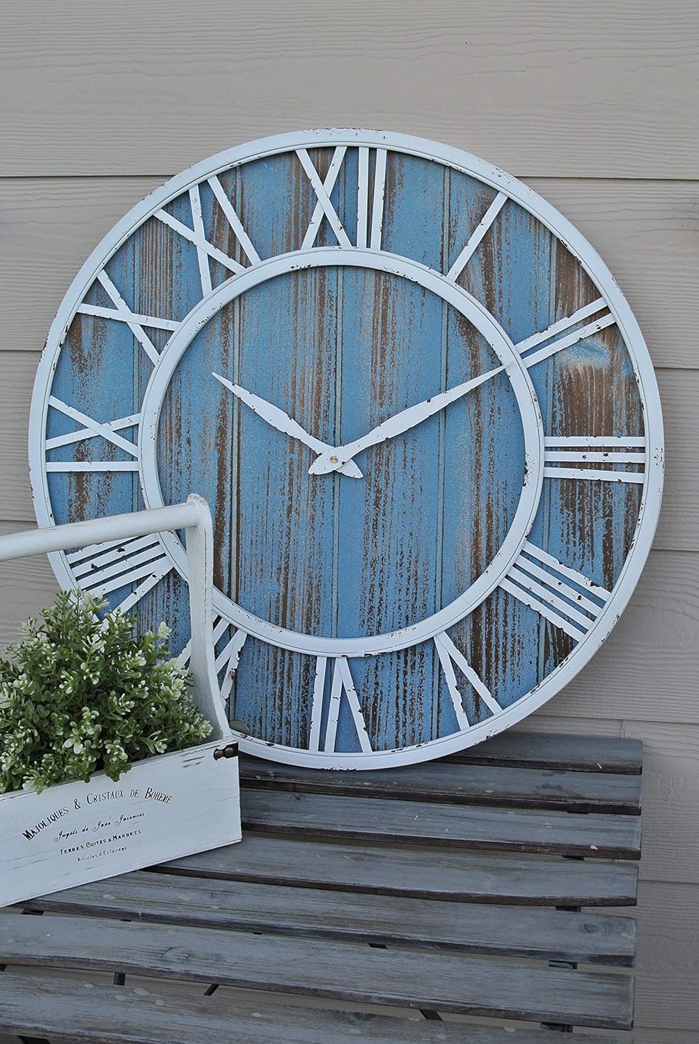30" Coastal Wall Clock - Metal & Solid Wood Noiseless Weathered Beach Blue Wall Clock
