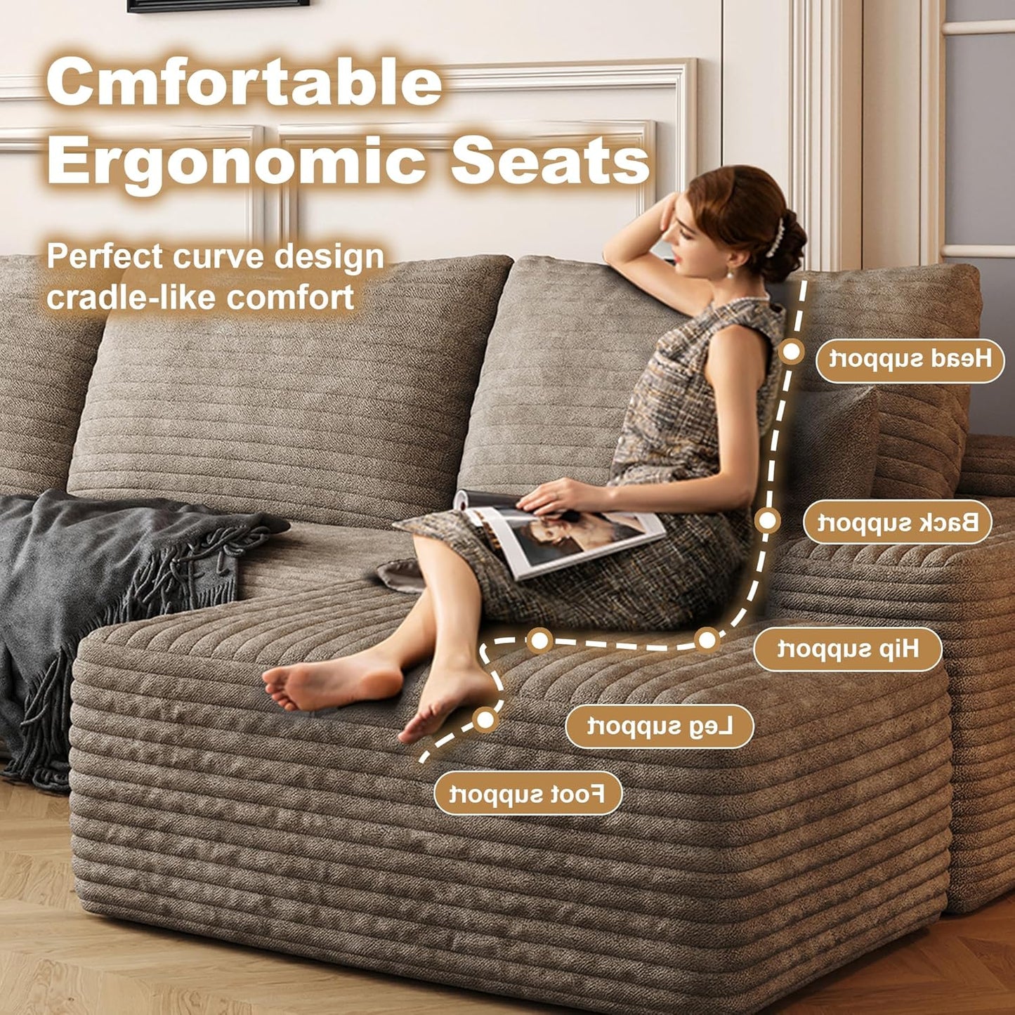 108" Sectional Couches for Living Room Modern Modular Sofa with L-Shape Couchs Upholstered Boneless Couch Deep Seat Sectional Couch with Chaise (Camel, Left Facing Chaise+2Seaters+1Ottoman)