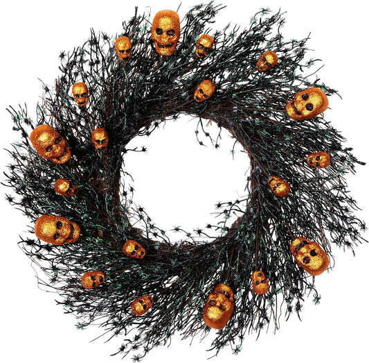 Glittered Skulls and Spiders Halloween Twig Wreath - 22" - Unlit