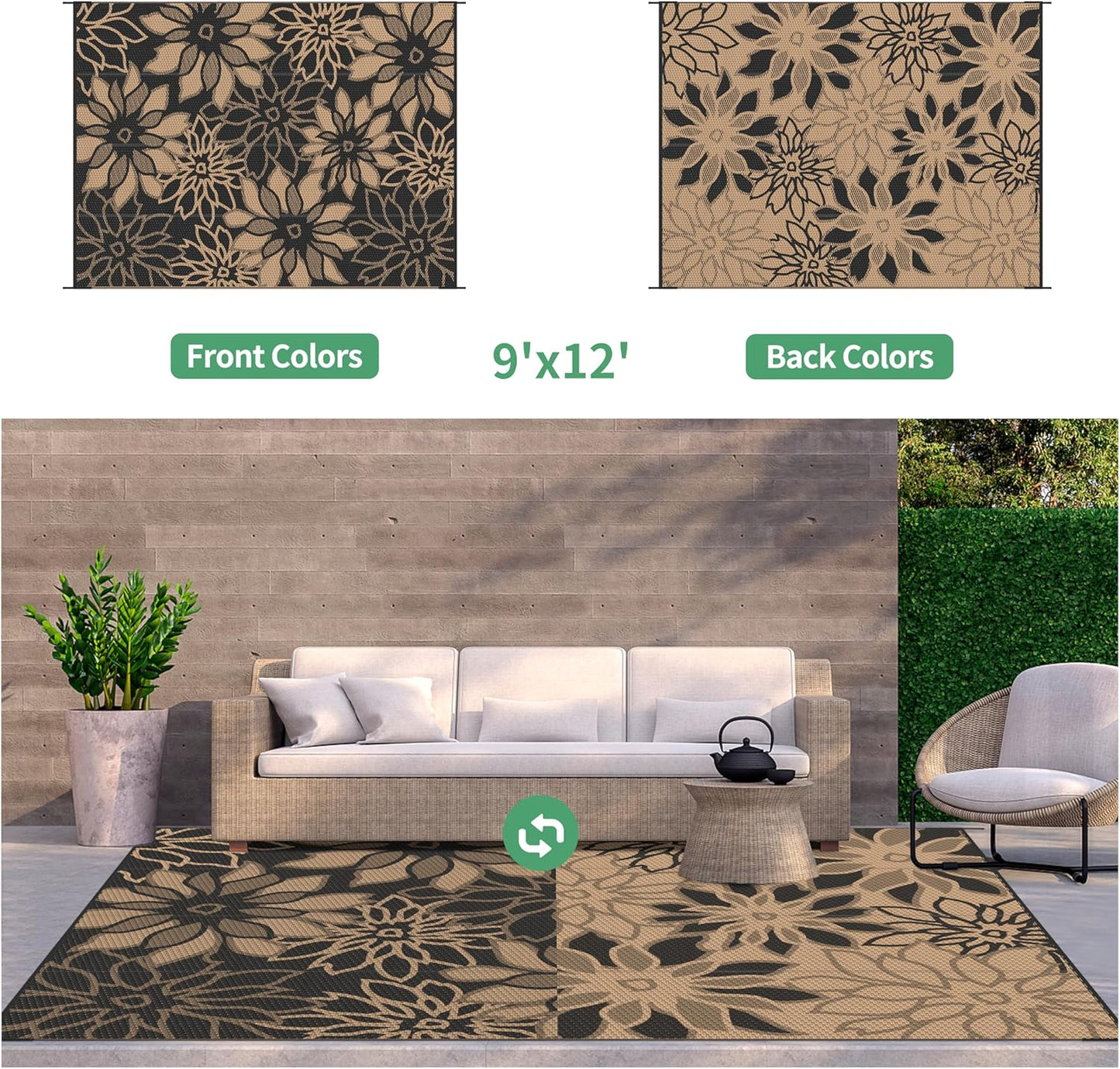 GENIMO Outdoor Rug Waterproof for Patio Decor, 9' x 12' Reversible Plastic Straw Floral Camping Carpet, Large Area Rugs Mats for RV, Camper, Deck, Balcony, Porch, Beach, Picnic, Black & Brown