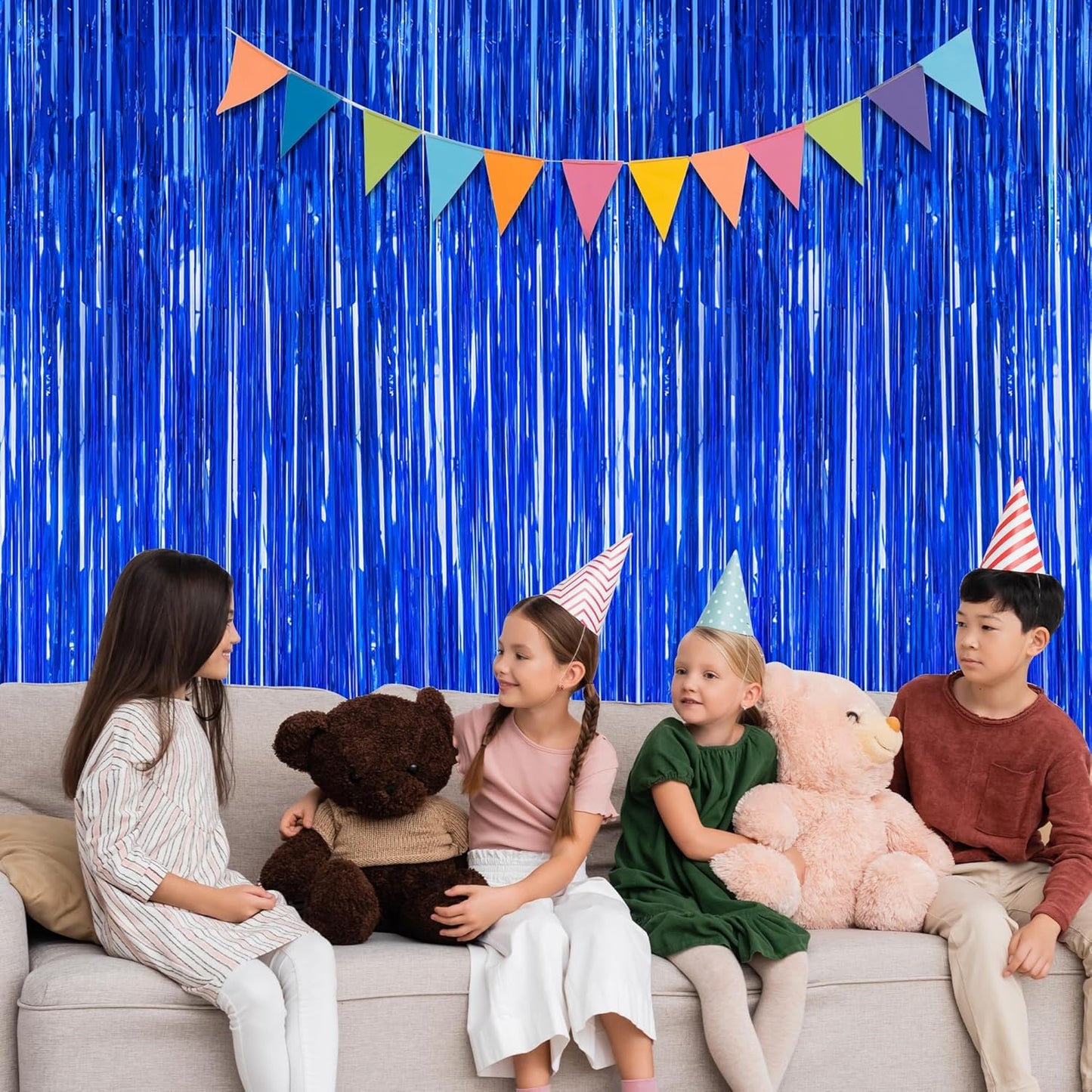 2 PCS Tinsel Backdrop, 3.28 FT x 7.05 FT Dark Blue Backdrop Curtains, Metallic Passover Fringe Curtains Party Streamer, Navy Blue Party Decorations Photo Props