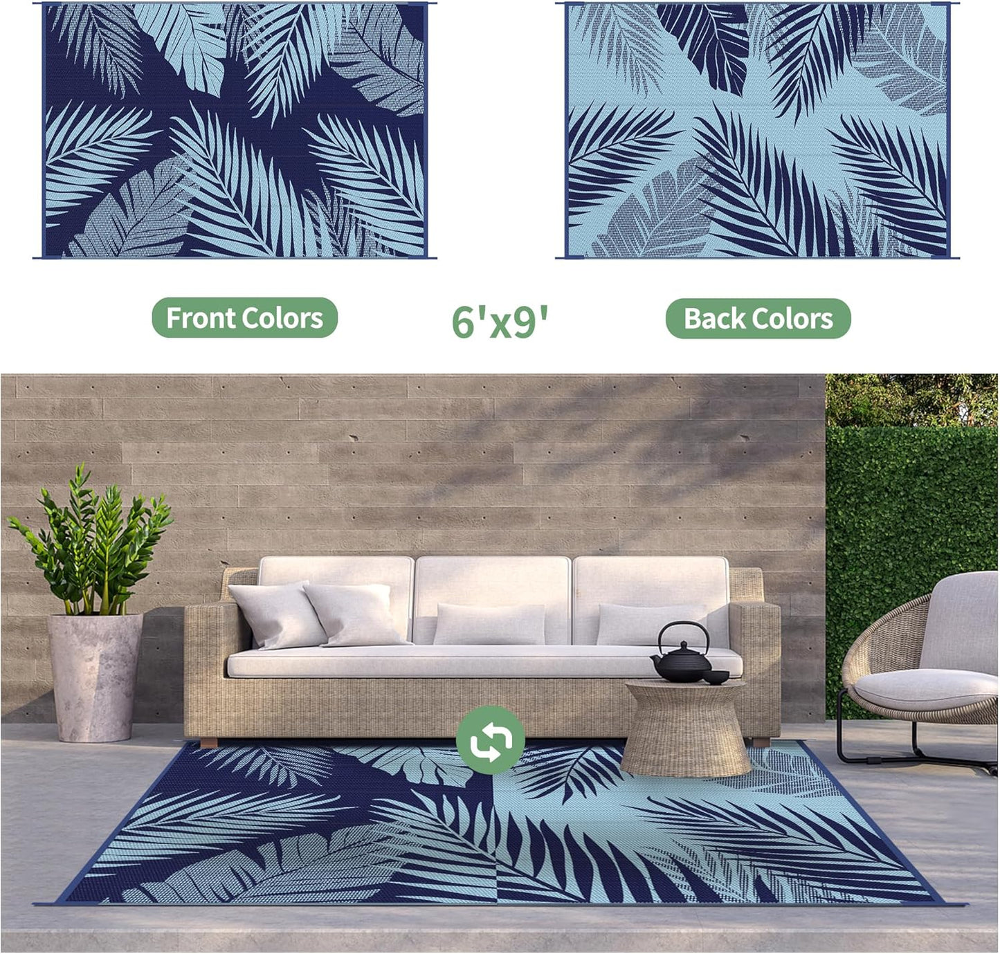 GENIMO Outdoor Rug 6' x 9' Waterproof for Patios Clearance, Reversible Outdoor Plastic Straw Camping Rug Carpet, Large Area Rugs Mats for RV, Camper, Deck, Balcony, Porch, Beach, Navy Blue&Baby Blue