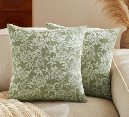 Floral Jacquard Throw Pillow Covers Set of 2, Background/Green 18x18 Inch, Farmhouse Decorative Cotton Sage Green Cushion Covers for Sofa Bed Living Room Home Decor