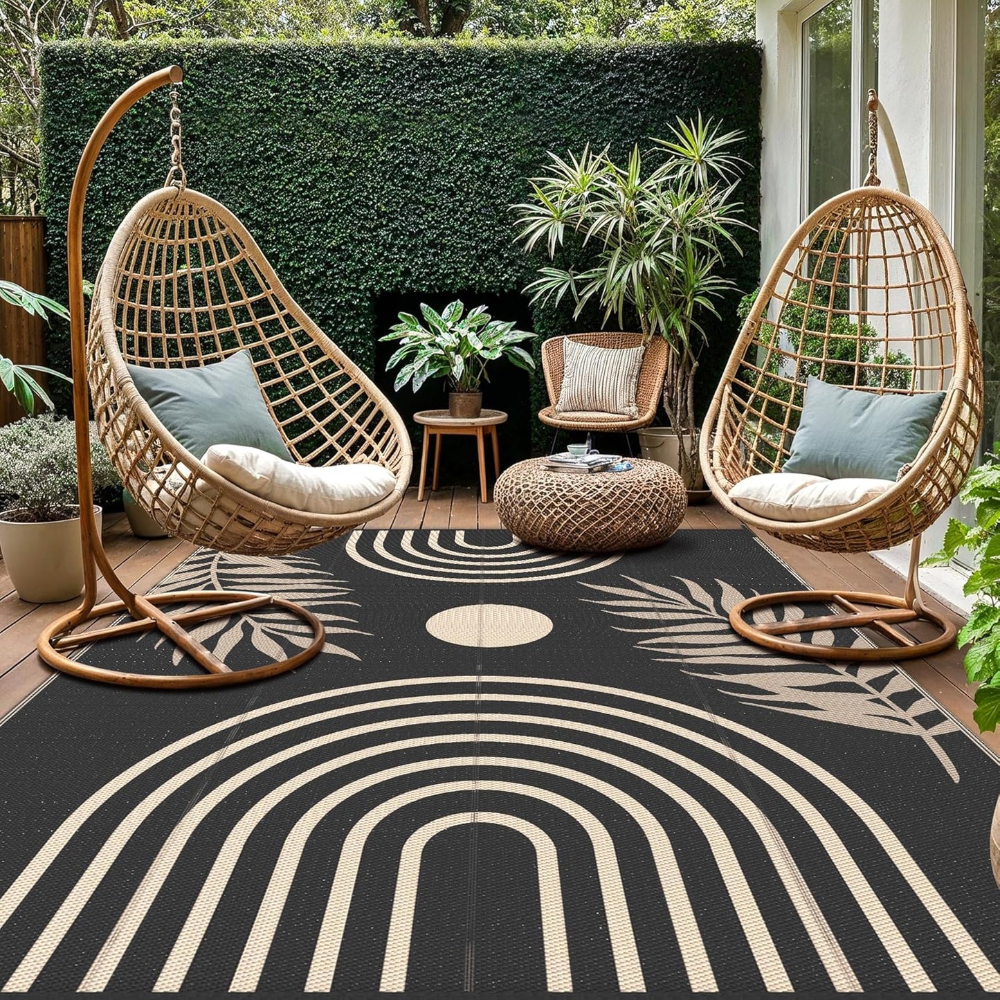 GENIMO Outdoor Rug 8' x 10' Waterproof for Patio Clearance, Reversible Lightweight Plastic Straw Camping Carpet, Large Area Rugs Mats for Rv, Backyard, Deck, Porch, Picnic, Balcony, Mix-Black & Beige