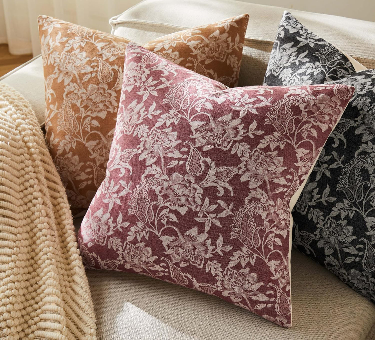 Floral Jacquard Throw Pillow Covers Set of 2, Background/Burgundy 20x20 Inch, Farmhouse Decorative Cotton Burgundy Cushion Covers for Sofa Bed Living Room Home Decor ﻿